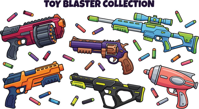 Toy blaster collection with colorful foam dart guns, plastic weapon set for kids play, futuristic toy gun illustrations in EPS format