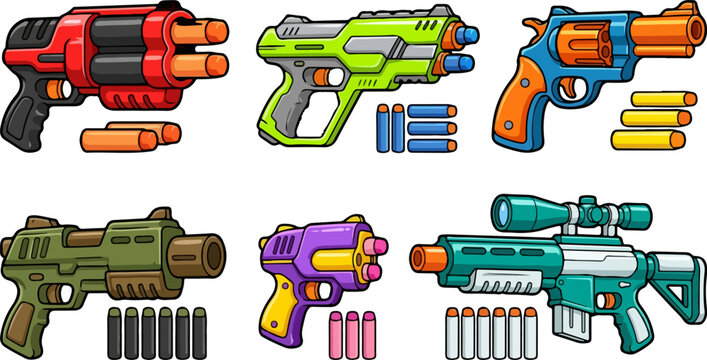 Colorful toy gun collection with foam darts, set of 6 plastic blaster vectors, vibrant cartoon foam dart guns for kids games and play