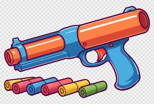 Colorful toy gun vector illustration, plastic water pistol with foam dart ammunition, bright orange and blue blaster for summer outdoor play