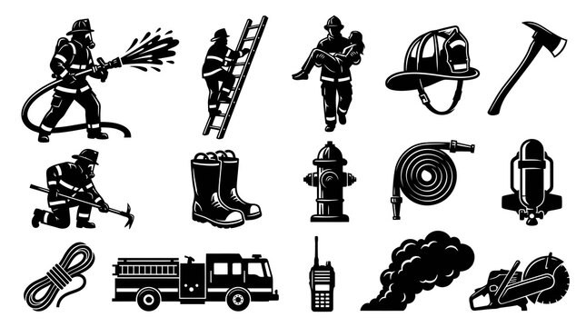 Firefighter Emergency Services Equipment and Tools Vector Glyph Icons Set. Black and White Silhouettes.