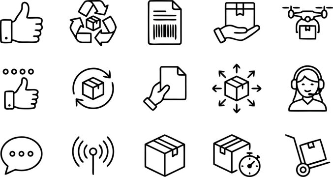 Logistics and Global Delivery Line Icon Set Featuring Drone Shipping Sustainable Packaging Customer Support and Warehouse Symbols