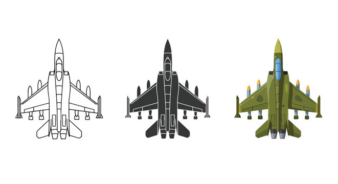 Military fighter jet vector icon set - logo icons vector set. Blue, Black and white icons