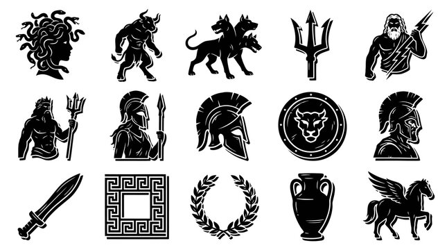 Greek Mythology Icons Set - Ancient Gods, Mythical Creatures  Warrior Symbols in Black and White Glyph Style