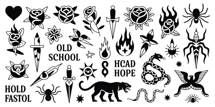 Collection of black and white old school tattoo featuring skulls daggers roses hearts and animals tattoo old school tattoos