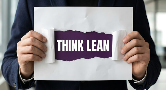 Person holding composition of sheets of paper with inscription THINK LEAN. Lean think business concept. Lean thinking for new way how to organize human activit.