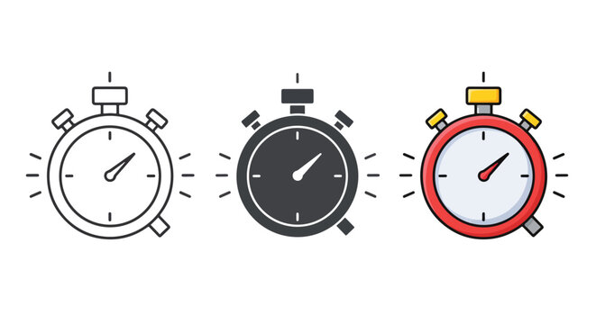 Three styles of stopwatch timer icons - logo icons vector set. Blue, Black and white icons