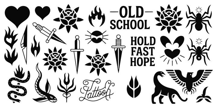 Collection of black and white old school tattoo including hearts swords snakes and flowers tattoo old school