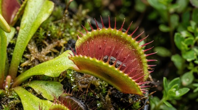Venus Flytrap Eating a Fly in Its Mouth in the Garden