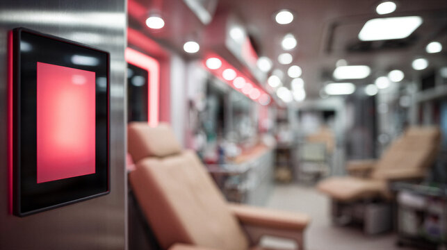 Blood donation vehicle interior, minimalist black screen with soft red glow, blurred medical recliners, cinematic cool lighting, sterile white and red tones, ample copy space for charity...