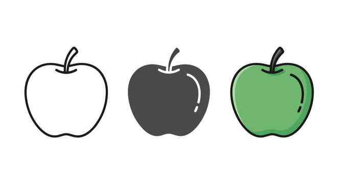 Green apple fruit in three style modes - Minimalist, flat icon, outline, glyph, linear, clipart, sticker - icon set