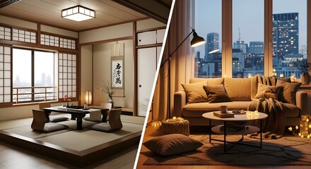 Fototapeta premium Modern Japanese Living Room with City View