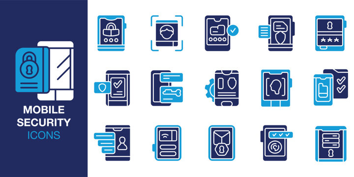 Mobile Security icon set. Containing mobile, security, phone, protection, privacy and more. Solid vector icons collection. Vector illustration.