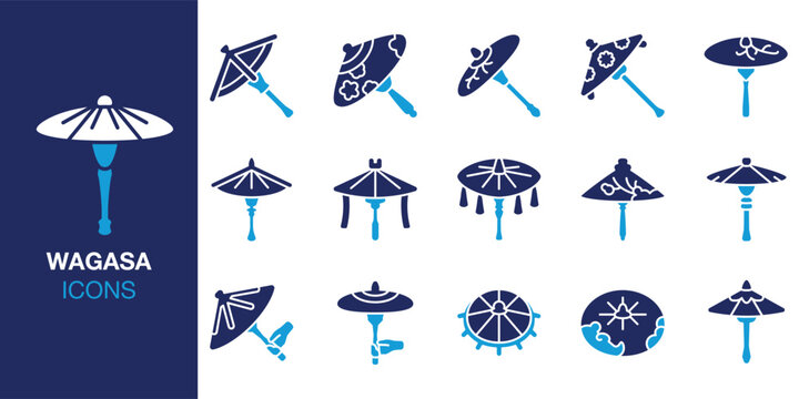Wagasa icon set. Containing umbrella, wagasa, traditional, japanese, decor and more. Solid vector icons collection. Vector illustration.