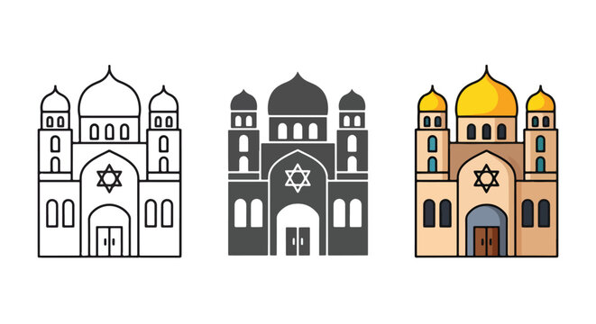 Synagogue building icon set in three styles - Line and glyph solid icon and logo template - Clipart, sticker - icon set