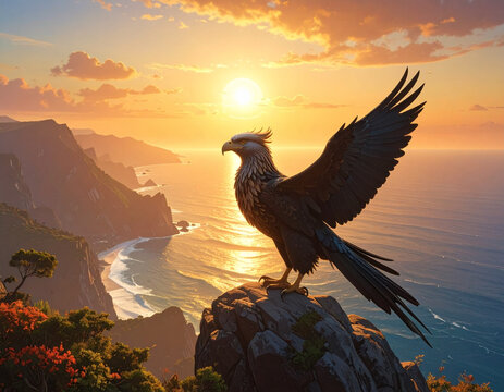Eagle perched mountain cliff sunrise