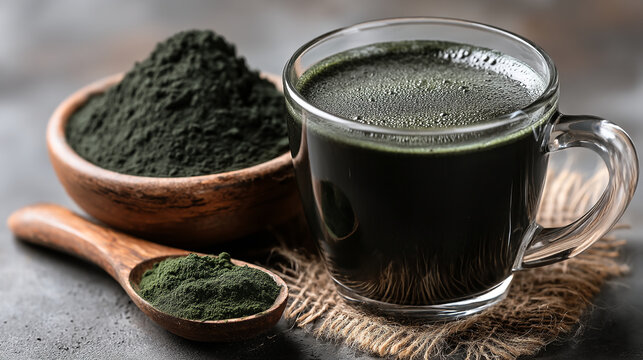 Healthy spirulina powder drink in glass with wooden spoon spirulina superfood beverage nutrition