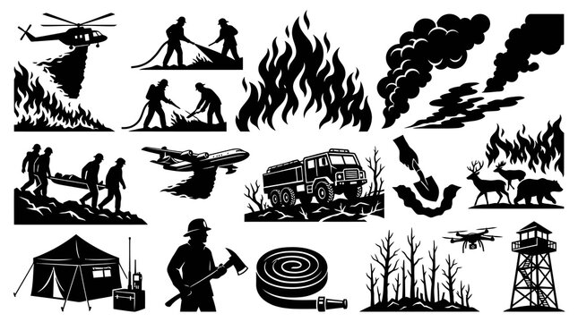 Wildfire Firefighting Glyph Icons Set - Forest Fire Emergency Prevention Rescue Silhouette Vector