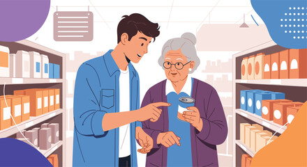 Obraz premium Kind young man helping an elderly woman select a product from a grocery store shelf while pointing to a specific canned item.