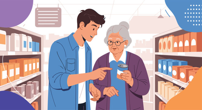 Kind young man helping an elderly woman select a product from a grocery store shelf while pointing to a specific canned item.
