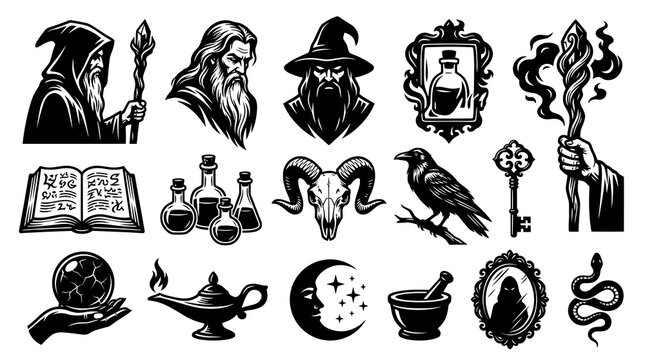 Black and White Witchcraft Icons: Wizard, Raven, Potion, Spellbook, Crystal Ball