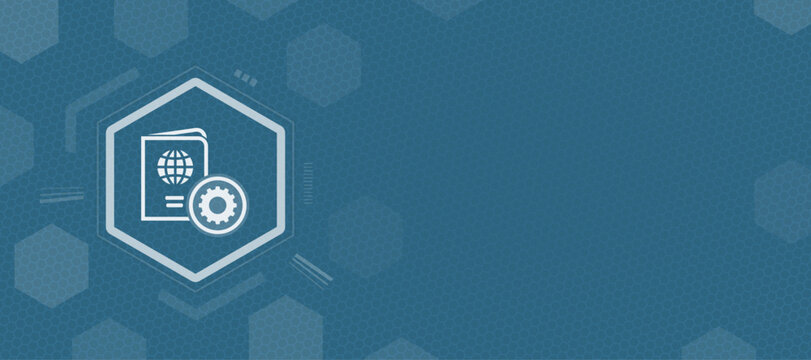 Passport or travel document with gear icon in blue hexagon on digital background, concept for passport control automation, visa processing or travel technology solutions.