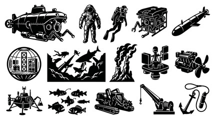 Obraz premium Underwater Technology Icons: Submarine, Diver, ROV, Ocean Life, Crane, Anchor