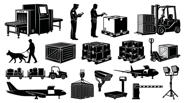 Comprehensive Logistics, Transportation, and Security Black  White Solid Glyph Vector Icons Set