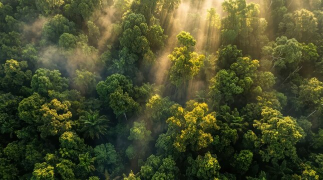 Forest Canopy Aerial View with Fog and Sun Rays Nature View