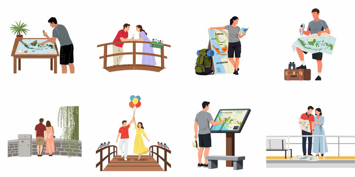 Set of flat illustrations featuring people and couples traveling, exploring Indonesia, using maps, and enjoying romantic moments outdoors.