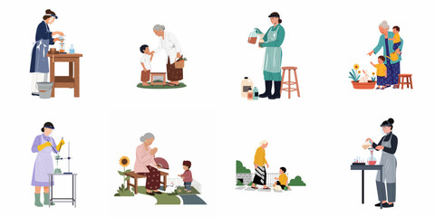 Fototapeta premium Vector illustration set featuring laboratory scientists in protective gear and heartwarming scenes of a grandmother with her grandchildren playing with rabbits.
