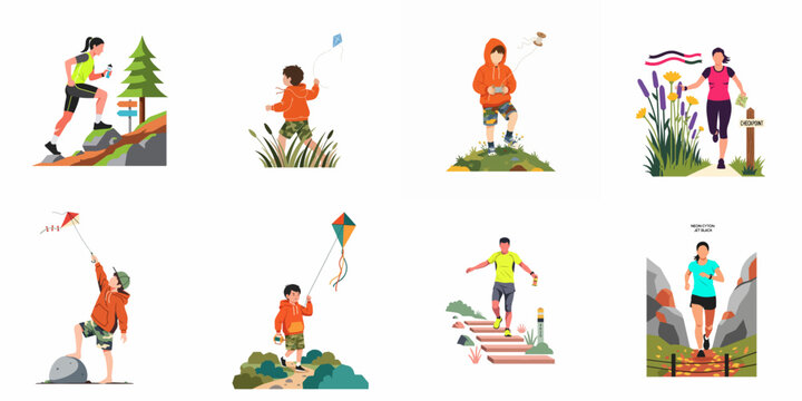 Set of flat vector illustrations depicting people engaged in outdoor activities including trail running and flying kites in natural landscapes.