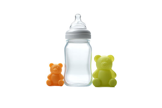 Baby bottle and toy set, centered cute nursery clipart elements, isolated on pure transparent background