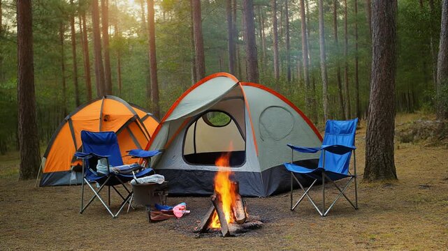 Camping scene with tents and campfire in forest.