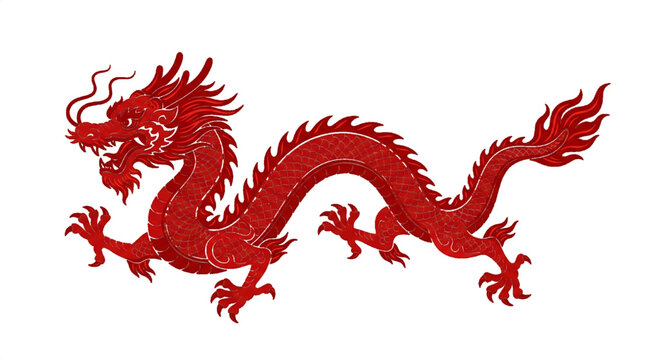 Traditional red Chinese dragon vector illustration isolated on transparent background, powerful symbol of strength and prosperity. Red dragon character flat illustration for Lunar New Year. 