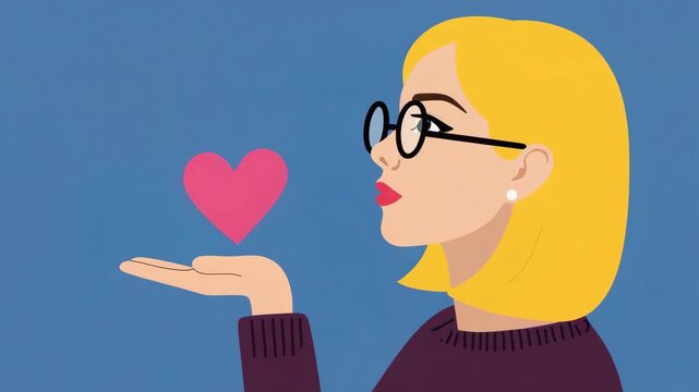 Illustrated Woman Holding a Pink Heart Symbol of Love, Charity, and Kindness