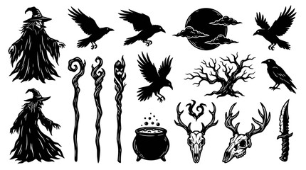 Naklejka premium Spooky Halloween Symbols: Witch, Crow, Deer Skull, Tree, Moon, Knife Vector Art