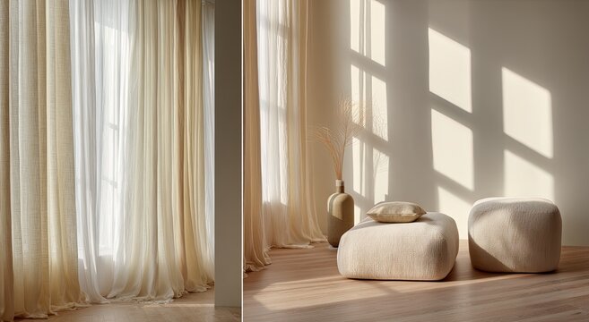 Sunlight streaming through sheer curtains creating geometric shadows on the wall.