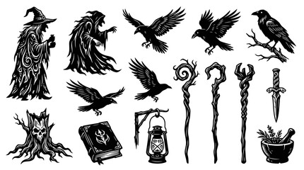 Obraz premium Halloween Witchcraft Fantasy Occult Elements: Black White Engraving Style Raven, Wizard, Magic Tools