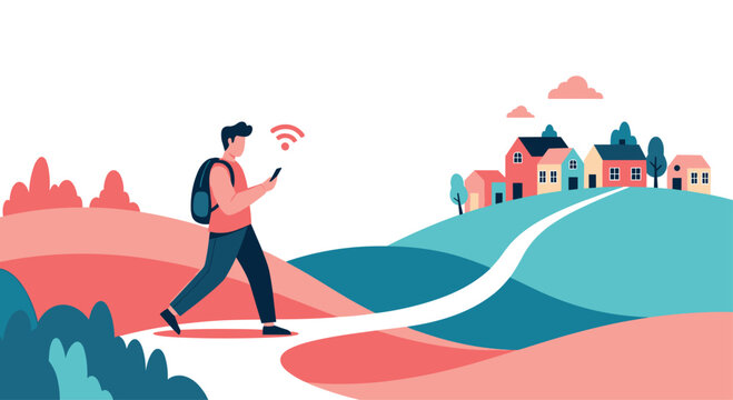 Traveler with a backpack walking along a path while using his smartphone for navigation towards a distant small town on a hill.
