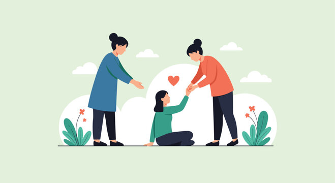 Two women helping another woman up from the ground as a gesture of support and community care to provide assistance.