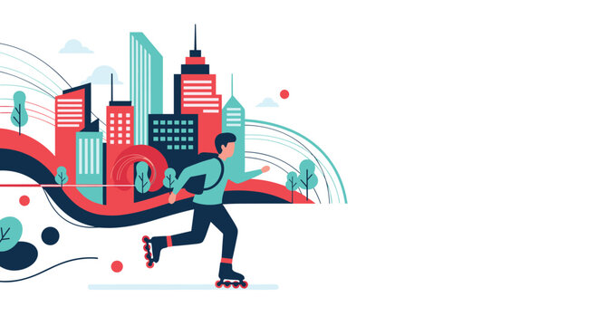 Energetic person rollerblading quickly along an urban path with a vibrant and colorful city skyline in the background.