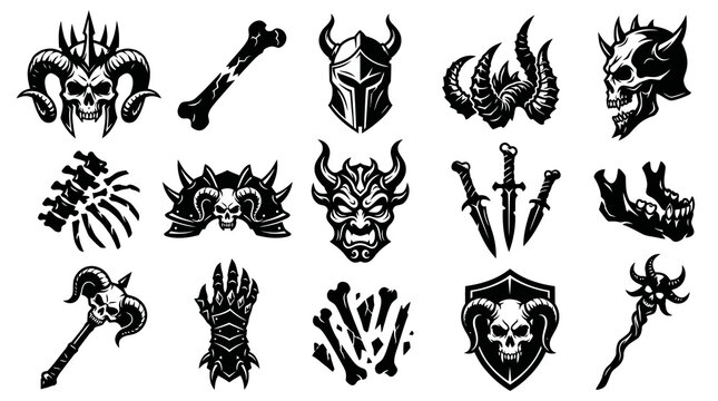 Black and White Vector Illustration Set of Fantasy Gaming and Gothic Art Elements: Skulls, Horns, Bones, Weapons, and Symbols.