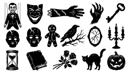 Naklejka premium Black and White Vector Halloween Horror Icons Collection with Spooky Gothic Elements Glyph Art