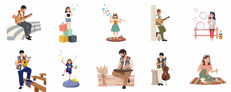 Set of flat vector illustrations of men playing traditional stringed instruments and young girls having fun blowing soap bubbles.