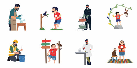 Fototapeta premium Set of flat illustrations featuring scientists and industrial workers in protective gear alongside happy children playing with monkeys in various scenes.