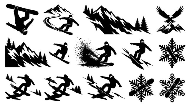 Black and White Snowboarding Vector Icons, Winter Sports Silhouette Art