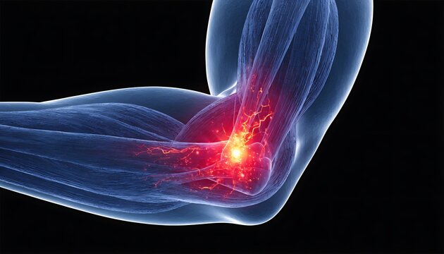 Human elbow joint with inflammation and pain highlighted in red