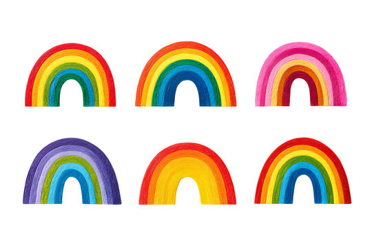 Boho rainbow set, centered colorful decorative arch elements, isolated on transparent background