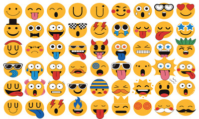 Fototapeta premium Emoji Face Icons Set with Diverse Expressions in Bright Colors, Including Smiling, Winking, Laughing, Angry, Sad, and Surprised Faces on a Patterned