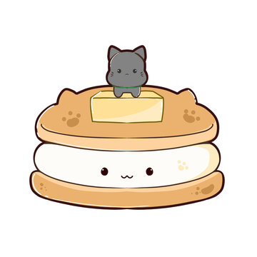 Cute Butter Pancake with Gray Cat PNG Illustration